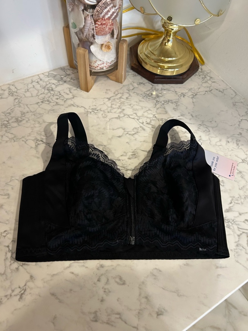 NWT ZipLacy Black Zipper Front Lace Bra Size XL